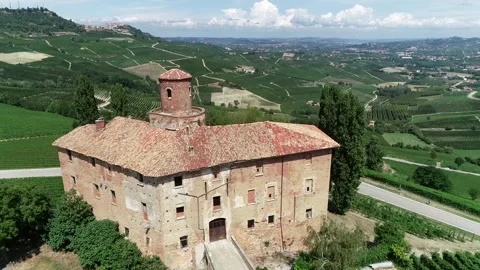 Aerial flight over winemaker building located near Barolo 4k Stock Footage 274060412