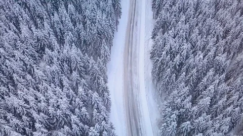 Aerial flight over winter forest with road Stock Footage 101736886