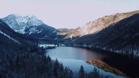 Aerial flight over winter landscape in ebensee austria Stock Footage 83501970