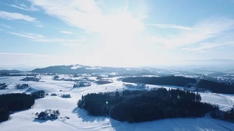 Aerial flight over winter landscape with modern architecture pyramid Stock Footage 83567116