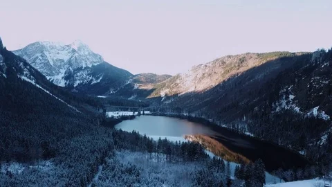 Aerial flight over winter landscape in ebensee austria Stock Footage 83609985