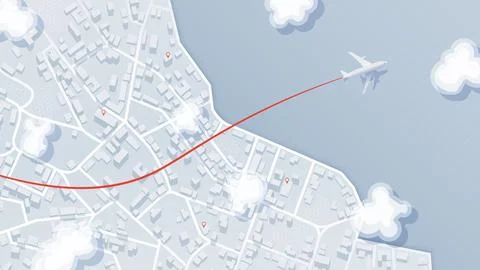 Aerial Flight Path Visualization Over Stylized Urban Terrain with Airplane Icon Stock Illustration