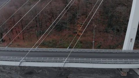 Aerial flight on side of cable stayed bridge. Autumn time Stock Footage 101708735