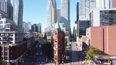 Aerial flight straight up while looking at Gooderham or Flatiron building in dow Stock Footage 151934824