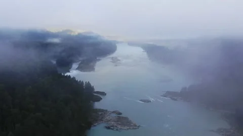 Aerial flight through the Clouds above the Forest and River in Altai Mountains Stock Footage 202106971
