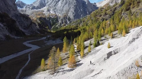 Aerial Flight Through Dolomites Valley in Golden Autumn, Italy Stock Footage 327212088