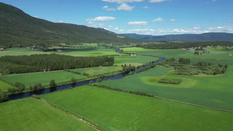 Aerial Flight Through Lush Green Valley in Telemark, Norway 스톡 동영상 343320323
