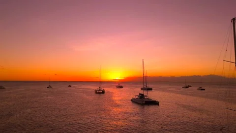 Aerial flight through moored at anchor sailing tourist yachts and catamarans Stock Footage 223020764