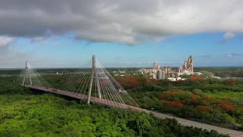 Aerial flight through the suspension cable-stayed bridge. Cars driving on a two Stock Footage 246041056