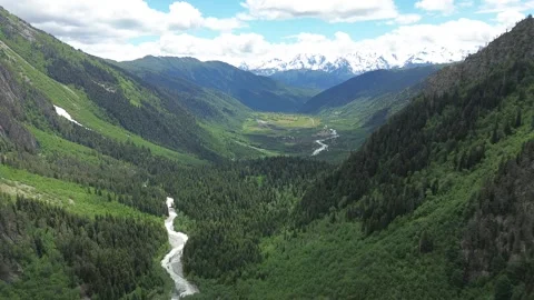 Aerial Flight Toward Becho Valley With Dolra River and Mount Laila, Georgia Stock Footage 339343435