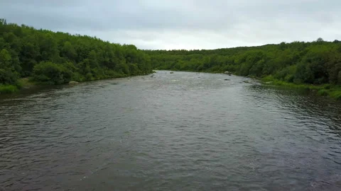 Aerial flight under the fast water of salmon river Pechenga at the Kola Stock Footage 100816000