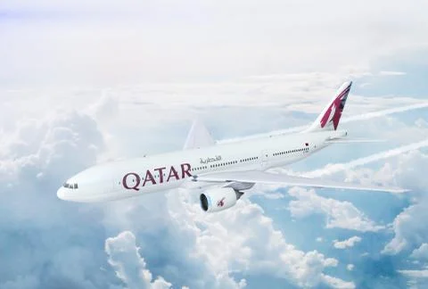 Aerial in-flight view of Qatar Airways Boeing 777 Stock Illustration