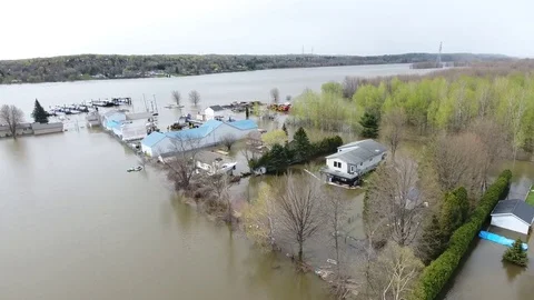 Aerial flood emergency masson angers quebec at ottawa river Stock Footage