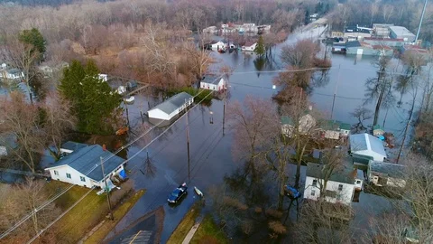 Aerial Flooding River Disaster Relief Hurricane Storm Residential Drone Stock Footage
