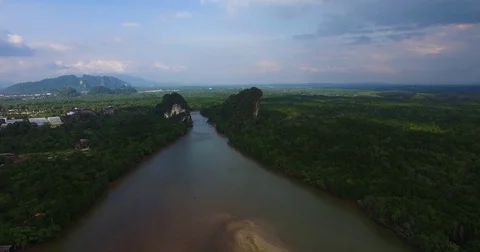 Aerial: The flow of the river between two rocks near traffic road. Stock Footage 71195266