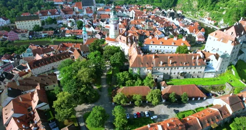 Aerial fly back pan Cesky Krumlov historical town Czech Republic, Europe Stock Footage 314670926