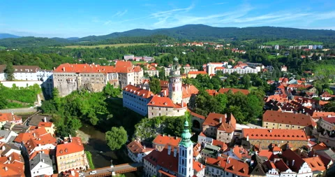 Aerial fly back pan Cesky Krumlov historical Czech Republic, Europe Stock Footage 314672516
