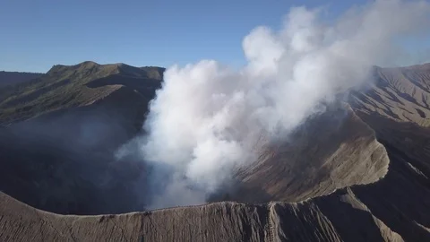 Aerial Fly backwards from active smoking volcano,Bromo,Java,Indonesia Stock Footage 106430038