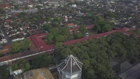 Aerial Fly backwards over Kasunanan Palace tower in Solo Java Indonesia Video stock 82232619