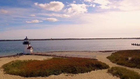 Aerial Fly By of Brant Point Lighthouse on Nantucket During The Fall Stock Footage 87299754