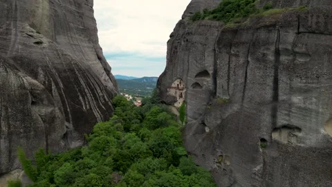 Aerial Fly To Close Up View of Meteora, Greece Hermit Caves of Badovas. Anc.. Stock Footage 334898301