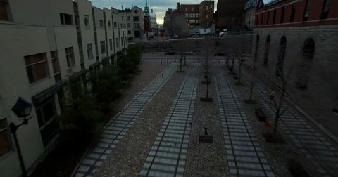 Aerial fly down Rue Saint-Paul, Old Montreal. Montreal Canada. Shot in 4K. Stock Footage 77812472