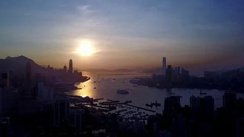 Aerial fly forward, beautiful dark Hong Kong cityscape from height Stock Footage 76184448