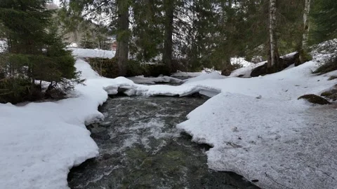 Aerial fly forward over mountain stream in winter, Lengau, Saalbach, 4K 60fps Vídeos de archivo 329923415