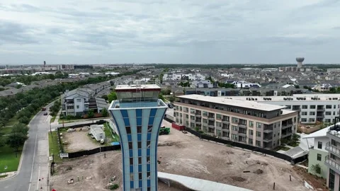 Aerial Fly by Mueller Control Tower District of the old Mueller Tower Stock Footage 281901816