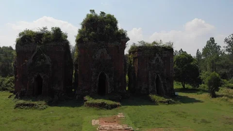 Aerial: fly out from abandoned Cham empire towers Stock Footage 101723152