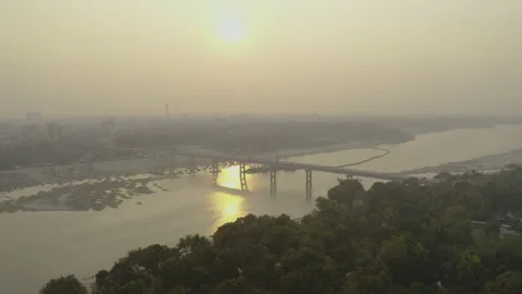Aerial Fly Over of Bridge During Sunset in Kushtia Bangladesh Stock Footage 142024516