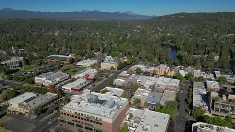 Aerial Fly Over of Downtown Bend Oregon towards Mirror Pond  Video stock 249754053