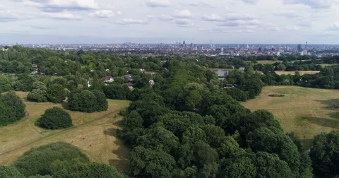 Aerial fly over a forest with the skyline of the city of London Stock Footage