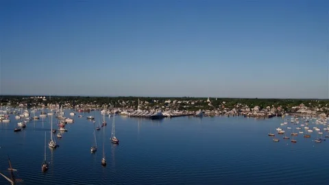 Aerial Fly Over a Full Harbor on a Summers Day, Nantucket Stock Footage 88009663