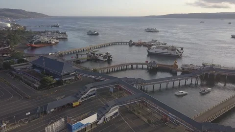 Aerial Fly over Java to Bali ferry terminal in Banyuwangi Java Indonesia Stock Footage 82236161