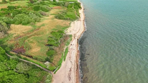 Aerial Fly Over Panning Down Of Sea Shore Surrounded By Greenery And Nature Stock Footage 309828186