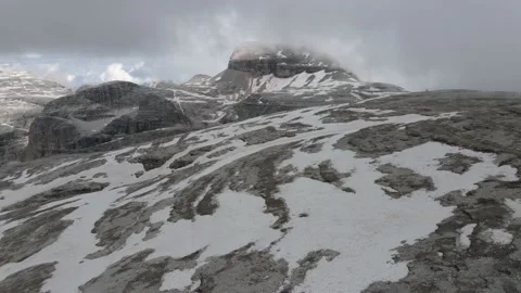 Aerial Fly Over Snow Covered Piz Boe Mountain Summit, Dolomites Italy Stock Footage 144425448