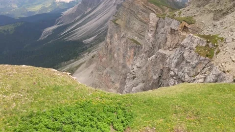 Aerial Fly Over Steep Cliffs Of Seceda Ridge, Dolomites Mountains, Italy #1 Video stock 144065857