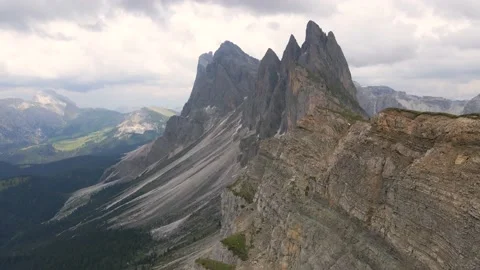 Aerial Fly Over Steep Cliffs Of Seceda Ridge, Dolomites Mountains, Italy #2 Stock Footage 144066049