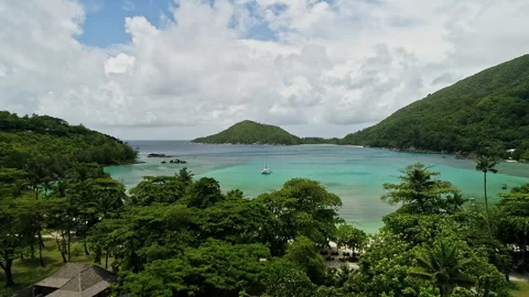 Aerial: Fly over tree tops to reveal turquoise tropical bay. HD50p Stock Footage 244393271