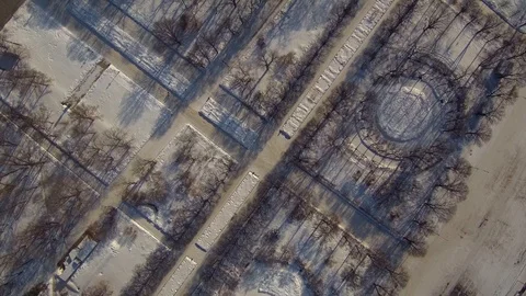 Aerial fly over view of Moscow city center with Gorky park and huge ice rink Stock Footage 88334402