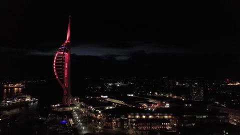 Aerial fly Panoramic Spinnaker Tower at Gunwharf Quays, Portsmouth UK, Port at Stock Footage 332723307