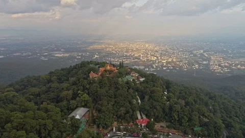 Aerial fly to temple on mountain, Doi suthep, Chiang Mai, Thailand, 4k video Stock Footage 92114776