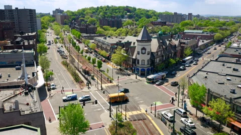 Aerial Fly Through of Coolidge Corner in Brookline MA Stock Footage 246438720
