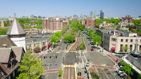 Aerial Fly Through of Coolidge Corner in Brookline MA Stock Footage 246438864