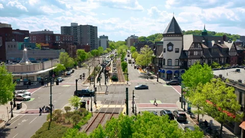 Aerial Fly Through of Coolidge Corner in Brookline MA Stock Footage 246439107