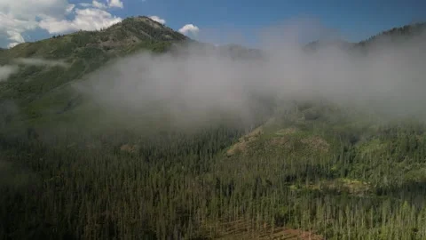 Aerial fly through low clouds in Challis National Forest near Stanley Idaho Stock Footage 280208621