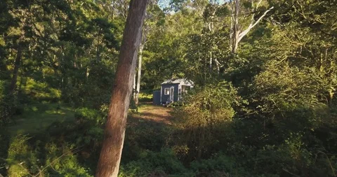 Aerial fly through tree tops towards small cabin with female drinking tea Stock Footage 98270247