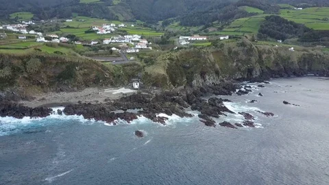 Aerial Fly Towards Biscoitos Unique Rocky Volcanic Landscape Formation, Terceira Stock Footage 90689448