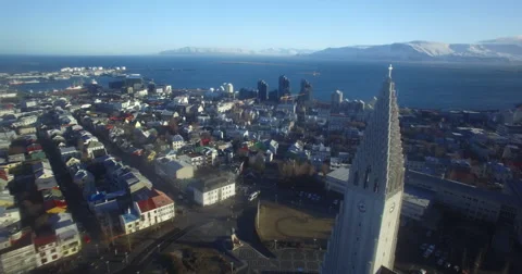 Aerial flyby of Hallgrimskja Church in Reykjavik Stock Footage